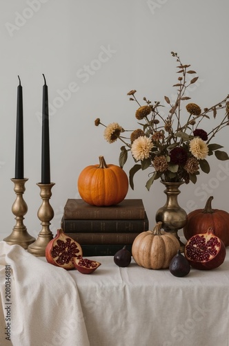 Decorative Table Setting With Pumpkins, Fruits, and Flowers in Indoor Space D...