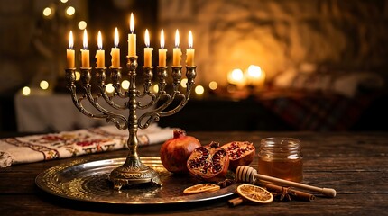 Golden menorah with burning candles pomegranates and honey