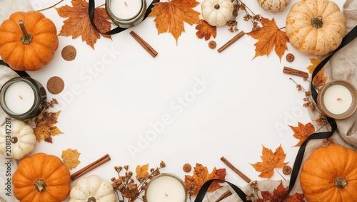 Festive Autumn Decor With Pumpkins, Candles, and Leaves on a White Background