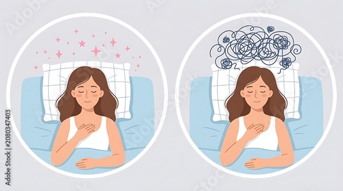 Illustrated woman reclining on a bed surrounded by floating sparkles and particles in a serene, dreamy atmosphere