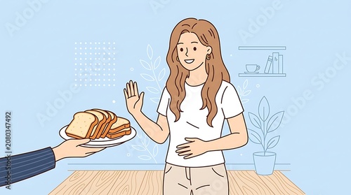 Illustrated woman politely refusing a slice of bread offered on a plate indoors.