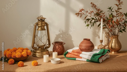 Decorative Display of Lantern, Flowers and Pottery on a Table in Bright Indoo...