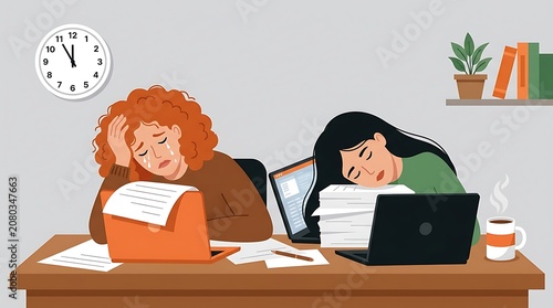 Illustration of two women sitting at a desk, resting their heads on papers and looking tired