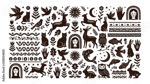Photos Folk art animal and nature vector icon collection, featuring deer, cats, birds, rabbits, fish, owls, and human figures