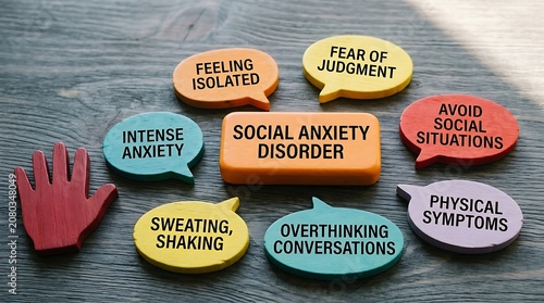Close up of wooden blocks shaped as speech bubbles and a hand, depicting social anxiety disorder traits like fear, avoidance, and physical symptoms.