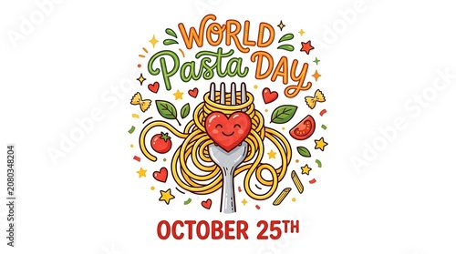 Vibrant flat design featuring heart shaped pasta, autumn leaves, and a date stamp for a festive culinary celebration. world pasta day oct 25th