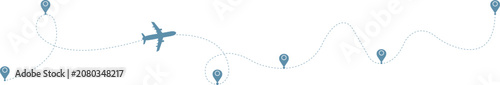 Airplane travel concept with map pins, GPS points. Line path icon. Flight start point concept or theme. Aircrafts and map pointer symbols
