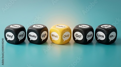 Five black dice with white text flank a central yellow die against a solid teal background.