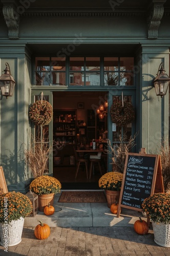 Coffee Shop Entrance With Pumpkins and Flowers in Autumn