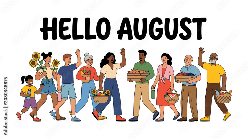 Fototapeta premium Hello August Community Gathering: A vibrant illustration depicts a diverse group of people, from young children to seniors.