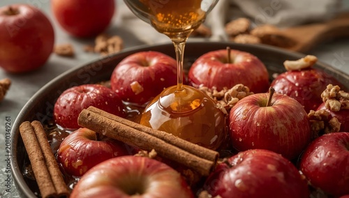 Apples Are Dipped in Honey With Nuts and Spices Placed Around Them on a Plate