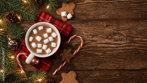Hot Chocolate With Marshmallows in a Cup on a Wooden Table With Festive Decor...