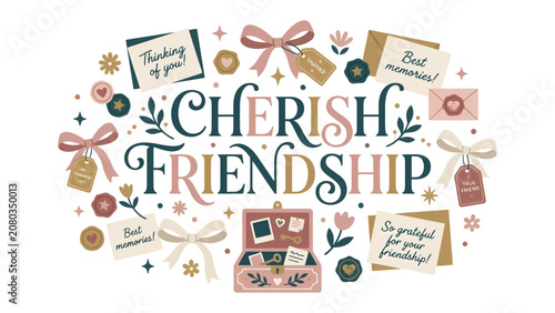 Photos Cherish Friendship: A heartwarming collection of elements symbolizing enduring friendship, featuring heartfelt messages, keepsake box, bows, and floral accents