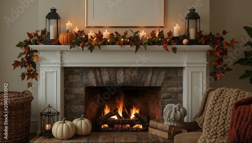 Cozy Fireplace With Autumn Decorations and Candles in a Warm Living Room Setting