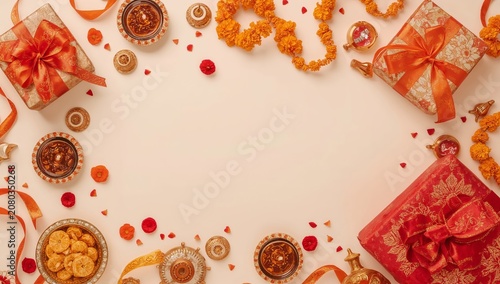 Festive Decorations and Gifts Prepared for a Celebration on a Light Background