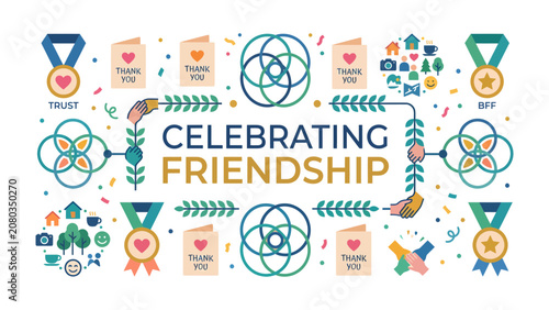 Obraz na plátně Celebrating Friendship: An artistic and heartwarming illustration symbolizing the essence of friendship with intricate patterns, medals, and cards, conveying trust and connection