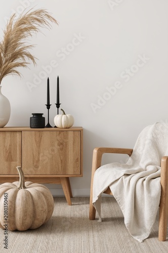Decorative Living Room Scene With Natural Elements and Autumn Decor