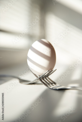 Canvastavla Single white egg balancing on fork near window.