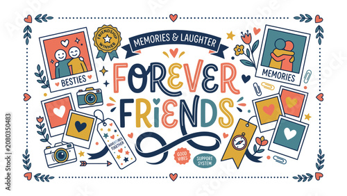 Photos Forever Friends: A heartwarming illustration celebrating the enduring bond of friendship, featuring snapshots of cherished memories, laughter, and the inscription Forever Friends
