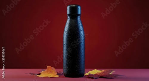 Black insulated water bottle with leaves.