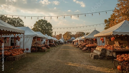 Autumn Market With Stalls Selling Pumpkins and Seasonal Goods in a Rural Sett...