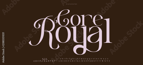 Core Royal, Elegant font, vintage type or luxury premium typeface, vector English royal alphabet. Classic typography in modern or old art deco style, serif letters for modern or retro poster font