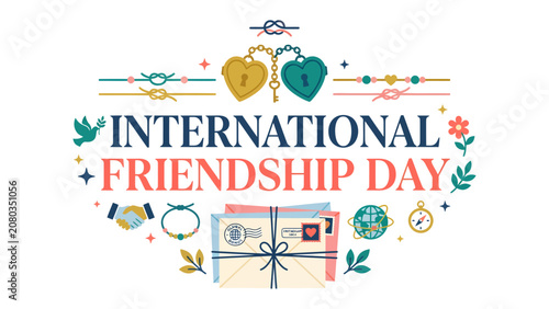 фотографія International Friendship Day Emblem: A colorful emblem celebrating International Friendship Day, featuring interlocking hearts, a dove, envelopes