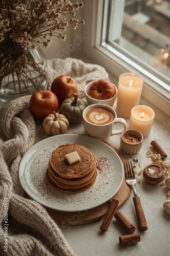 Fresh Pancakes and Coffee on a Cozy Table With Decorations and Fruits