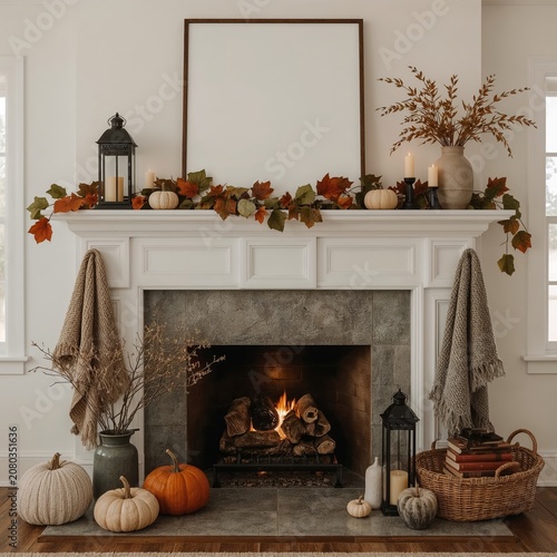 Cozy Fireplace With Pumpkins and Autumn Decorations on the Mantel During Fall...