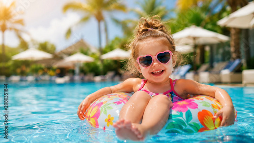 Cute funny toddler girl in colorful swimsuit and sunglasses relaxing in pool have fun during summer vacation