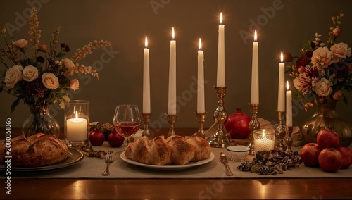 Dinner Gathering With Candles, Flowers, and Food on a Table at Night