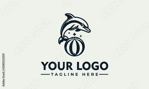 Quadro su tela Playful Dolphin Jumping with Ball Vector Logo Illustration Design Concept