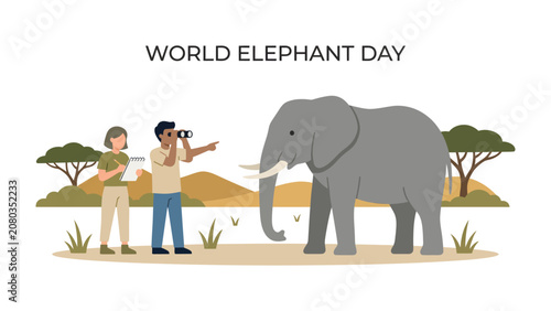 Konstfotografi World Elephant Day: A celebration of elephants on World Elephant Day, with conservationists observing a magnificent elephant in its natural savanna habitat