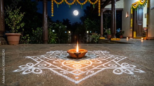 Bhadrapada Purnima, a traditional clay diya lamp with a bright flame sitting in the center of a white geometric chalk rangoli design on a clean veranda floor