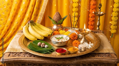 Bhadrapada Purnima celebration, a brass puja thali arranged with fresh bananas, betel leaves, a bowl of sweet panchamrit, and a burning diya lamp