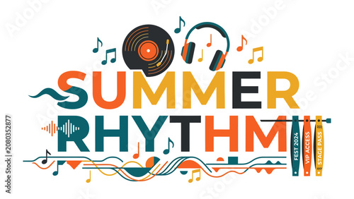 Bilde på lerret Summer Rhythm Celebration: A vibrant and dynamic graphic illustration celebrating the essence of summer with musical elements, conveying energy, fun, and the joy of the season