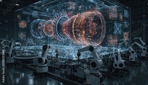 Digital twin jet engine factory robot arm hologram turbine engineering automation, realistic conceptual manufacturing