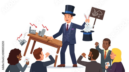 Businessman fails at magic trick, stock market crashes, audience disapproves