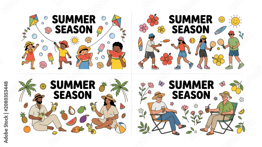 Fototapeta premium Summer Season Collection: A vibrant collage depicting various scenes of summer enjoyment, featuring children flying kites, friends playing frisbee.