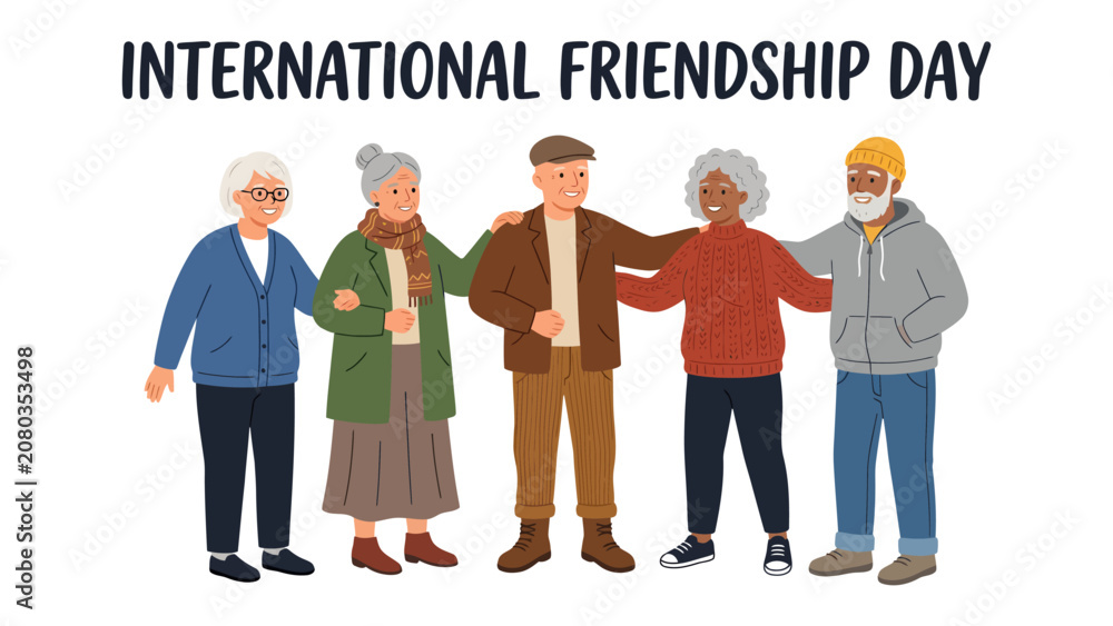 Fototapeta premium A Cherished Gathering: Celebrating International Friendship Day with a diverse group of elders, their arms around each other, radiating warmth and the enduring bonds of companionship.