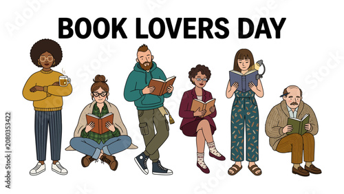 Konstfotografi Book Lovers Unite: A vibrant illustration celebrating Book Lovers Day, showcasing a diverse group of individuals engrossed in reading various books, from students to seniors