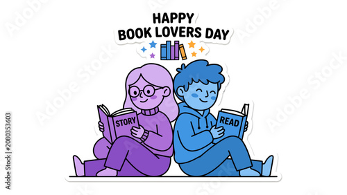 Photos Happy Book Lovers Day Illustration: Two children, a girl with glasses and a boy, sit back to back engrossed in their books, celebrating the joy of reading on Book Lovers Day