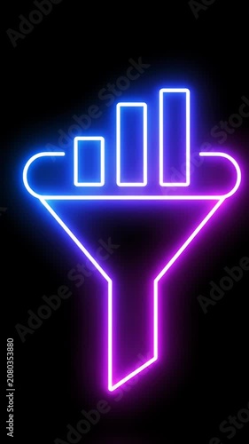 Glowing neon funnel icon on dark background.
