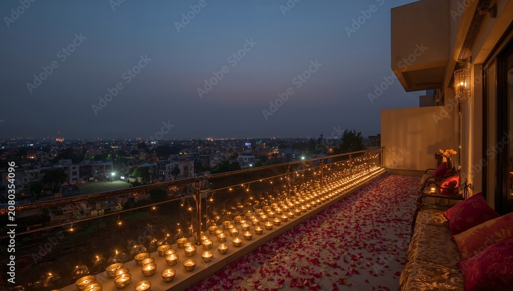 Fototapeta premium Celebration on the Balcony With Lights and Flowers in the Evening Sky