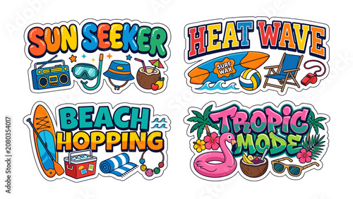 Obraz na płótnie Summer Vibes Collection: A vibrant set of four graphic design elements celebrating summer with bold typography and iconic imagery like surfboards, palm trees, coconuts, and beach accessories