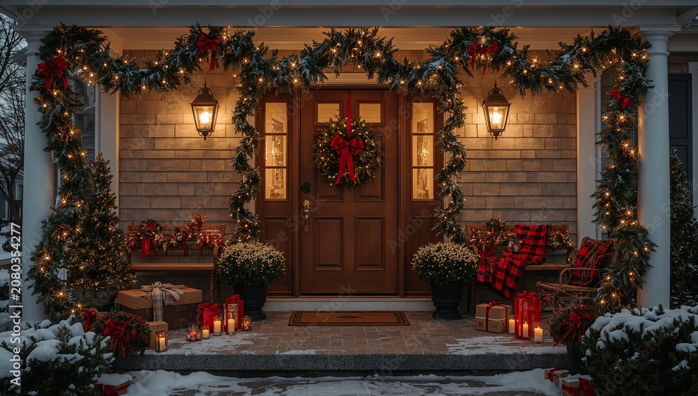 Fototapeta premium Holiday Decorations on a House Entrance With Lights and Plants in Winter at Night