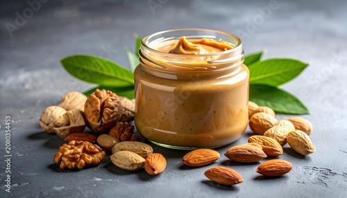 Nut butter in a jar with nuts and leaves around.