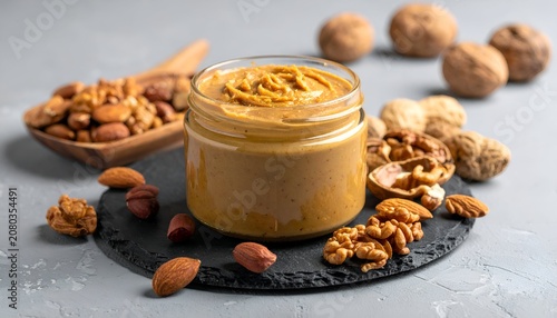 Nut butter in jar surrounded by almonds and walnuts.
