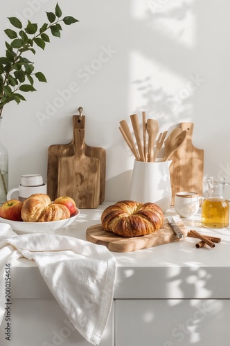 Baking and Serving Fresh Pastries and Apples on a Kitchen Counter With Wooden...