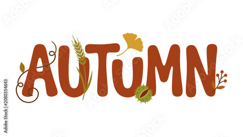 Foto Autumn typography with nature elements: The word AUTUMN is creatively depicted in a rustic, earthy font, embellished with illustrative elements like wheat, ginkgo leaves, ivy vines, and a conker